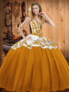 Comfortable Gold Sleeveless Satin and Tulle Lace Up Sweet 16 Dresses for Military Ball and Sweet 16 and Quinceanera
