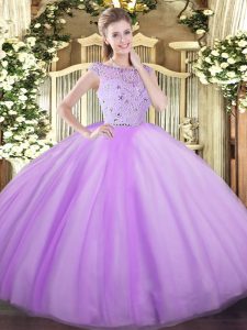 Sleeveless Tulle Floor Length Zipper 15th Birthday Dress in Lavender with Beading