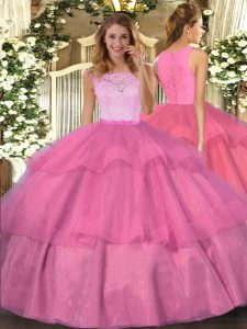 Enchanting Hot Pink Ball Gowns Scoop Sleeveless Organza Floor Length Clasp Handle Lace and Ruffled Layers Quinceanera Dress