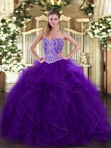 Most Popular Sweetheart Sleeveless Quinceanera Dress Floor Length Beading and Ruffles Purple Organza