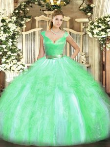 New Arrival V-neck Sleeveless 15th Birthday Dress Floor Length Beading and Ruffles Apple Green Tulle