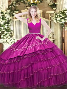 Fuchsia Ball Gowns V-neck Sleeveless Satin and Organza Floor Length Zipper Embroidery and Ruffled Layers 15 Quinceanera Dress