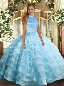 Baby Blue Ball Gowns Halter Top Sleeveless Organza Floor Length Backless Beading and Ruffled Layers Ball Gown Prom Dress