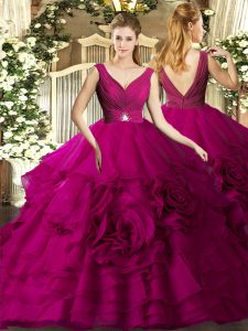 Vintage Fuchsia V-neck Neckline Beading and Ruffles Quinceanera Dresses Sleeveless Backless