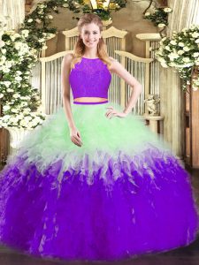 Scoop Sleeveless Quince Ball Gowns Floor Length Ruffles Multi-color Tulle