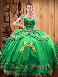 Traditional Green Ball Gowns Off The Shoulder Sleeveless Satin and Organza Floor Length Lace Up Beading and Embroidery Sweet 16 Quinceanera Dress