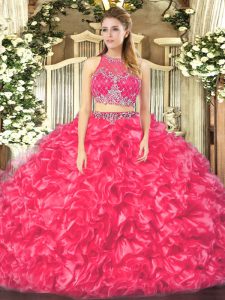 Fashionable Coral Red Sleeveless Beading and Ruffles Floor Length Quinceanera Dresses