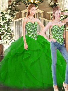 Green Sweetheart Lace Up Beading and Ruffles 15th Birthday Dress Sleeveless