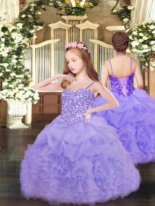 Nice Lavender Little Girls Pageant Dress Wholesale Party and Quinceanera with Appliques and Ruffles and Pick Ups Spaghetti Straps Sleeveless Lace Up