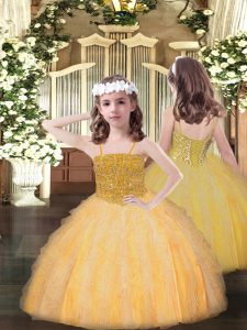 Orange Lace Up Girls Pageant Dresses Beading and Ruffles Sleeveless Floor Length