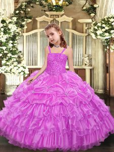 Elegant Lilac Ball Gowns Organza Straps Sleeveless Beading and Ruffled Layers and Pick Ups Floor Length Lace Up Pageant Dress for Girls