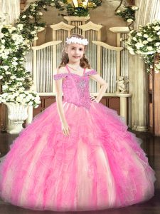 Rose Pink Organza Lace Up Off The Shoulder Sleeveless Floor Length High School Pageant Dress Beading and Ruffles