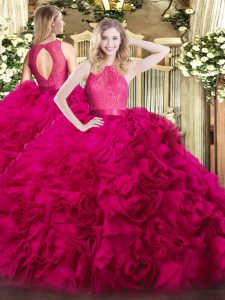 Scoop Sleeveless Zipper Vestidos de Quinceanera Hot Pink Fabric With Rolling Flowers