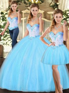 Custom Designed Baby Blue Sweetheart Lace Up Beading Sweet 16 Dresses Sleeveless