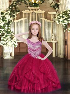 Hot Pink Sleeveless Beading and Ruffles Floor Length Girls Pageant Dresses