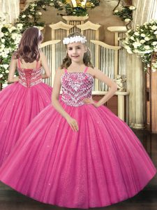 Floor Length Hot Pink Kids Pageant Dress Straps Sleeveless Lace Up