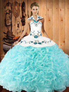 Stylish Floor Length Aqua Blue Sweet 16 Dress Fabric With Rolling Flowers Sleeveless Embroidery
