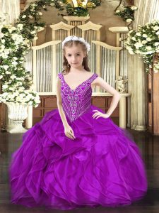 Floor Length Lace Up Little Girl Pageant Dress Purple for Party and Quinceanera with Beading and Ruffles