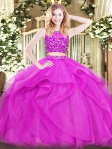 Dramatic Fuchsia Sleeveless Floor Length Beading and Ruffles Zipper Vestidos de Quinceanera