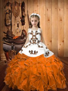 Floor Length Orange Pageant Dress Organza Sleeveless Embroidery and Ruffles