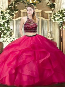 Floor Length Zipper 15 Quinceanera Dress Hot Pink for Military Ball and Sweet 16 and Quinceanera with Beading and Ruffles