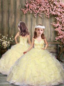 Enchanting Sleeveless Floor Length Beading and Ruffles Lace Up Little Girl Pageant Gowns with Light Yellow
