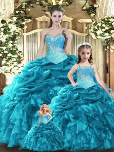 Sweetheart Sleeveless Quinceanera Dress Floor Length Beading and Ruffles and Ruching and Pick Ups Teal Tulle