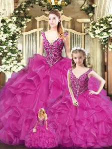 Fancy Fuchsia Straps Neckline Beading and Ruffles Quinceanera Gowns Sleeveless Lace Up