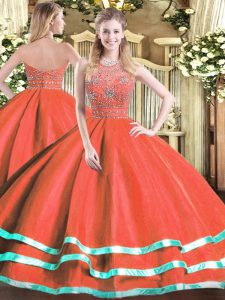 Fine Red Tulle Zipper 15th Birthday Dress Sleeveless Floor Length Beading