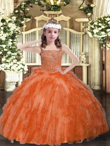 Custom Designed Orange Red Straps Lace Up Beading and Ruffles Pageant Dress for Teens Sleeveless