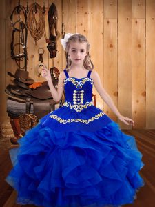 Royal Blue Lace Up Straps Embroidery and Ruffles Little Girl Pageant Gowns Organza Sleeveless