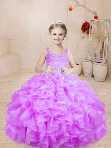 Attractive Floor Length Lilac Kids Formal Wear Straps Sleeveless Lace Up