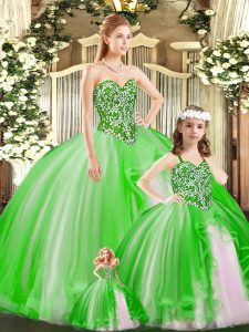 Floor Length Lace Up Vestidos de Quinceanera Green for Military Ball and Sweet 16 and Quinceanera with Beading