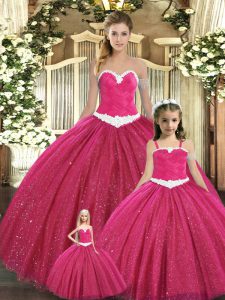 Unique Red Tulle Lace Up Vestidos de Quinceanera Sleeveless Floor Length Ruching