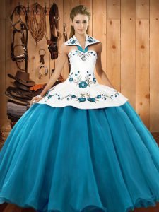 Excellent Teal Halter Top Lace Up Embroidery Ball Gown Prom Dress Sleeveless