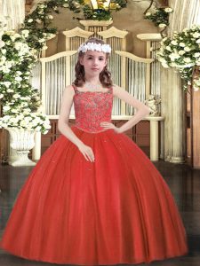 Ball Gowns Custom Made Pageant Dress Red Straps Tulle Sleeveless Floor Length Zipper