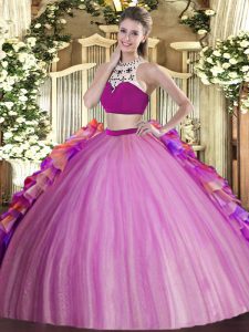 Sleeveless Floor Length Beading and Ruffles Backless 15 Quinceanera Dress with Lilac
