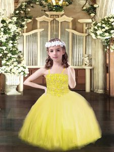 Custom Designed Yellow Sleeveless Tulle Lace Up Little Girls Pageant Dress for Party and Quinceanera