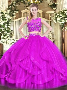 Popular Floor Length Two Pieces Sleeveless Purple Quinceanera Dress Zipper