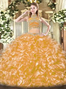 Beading and Ruffles Vestidos de Quinceanera Gold Backless Sleeveless Floor Length