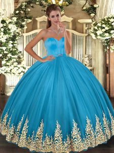 Appliques Ball Gown Prom Dress Baby Blue Lace Up Sleeveless Floor Length