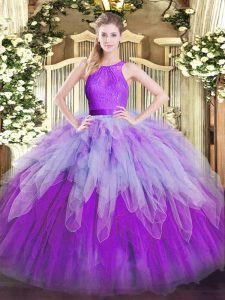 Inexpensive Scoop Sleeveless Quinceanera Dress Floor Length Ruffles Multi-color Organza