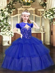 Affordable Floor Length Ball Gowns Sleeveless Royal Blue Little Girls Pageant Dress Wholesale Lace Up