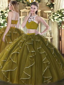 Artistic Olive Green Organza Backless High-neck Sleeveless Floor Length Quinceanera Dress Beading and Ruffles