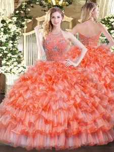 Orange Halter Top Zipper Beading and Ruffled Layers 15 Quinceanera Dress Sleeveless