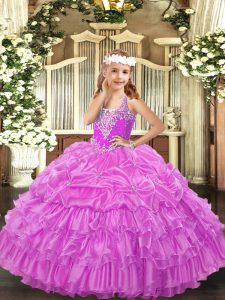 Lilac Little Girls Pageant Dress Wholesale Party and Quinceanera with Beading and Ruffled Layers and Pick Ups V-neck Sleeveless Lace Up