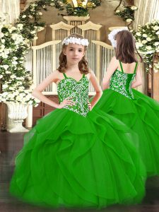 Ball Gowns Kids Formal Wear Green Straps Tulle Sleeveless Floor Length Lace Up