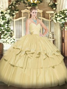 Wonderful Floor Length Lace Up Sweet 16 Dresses Yellow for Military Ball and Sweet 16 and Quinceanera with Beading and Ruffled Layers