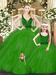 Green Sleeveless Beading and Ruffles Floor Length Ball Gown Prom Dress