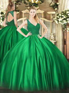 Floor Length Backless Quinceanera Gown Dark Green for Military Ball and Sweet 16 and Quinceanera with Beading and Lace
